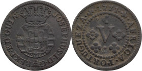 Angola
D. José I (1750-1777)
5 Réis - 1771
AG: 05.03 3,19g
Very Fine

Angola
D. José I (1750-1777)
5 Réis - 1771
AG: 05.03 3,19g
MBC