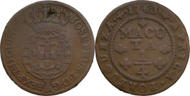 Angola
D. José I (1750-1777)
1/4 Macuta - 1763
AG: 06.01 9,62g
Fine

Angola
D. José I (1750-1777)
1/4 Macuta - 1763
AG: 06.01 9,62g
BC