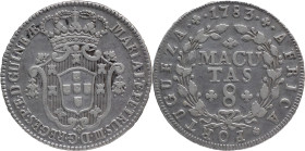 Angola
D. Maria I e D. Pedro III (1777-1786)
8 Macutas - 1783
AG: 07.01 11,80g
Very Fine

Angola
D. Maria I e D. Pedro III (1777-1786)
8 Macut...