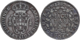 Angola
 D. Maria I (1786-1799) - 8 Macutas 1789
AG: 07.01 11,64g
Very Fine

Angola
 D. Maria I (1786-1799) - 8 Macutas 1789
AG: 07.01 11,64g
M...