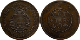 Angola
 D. João Regente (1799-1816) - 2 Macutas 1816
Restruck over 1 macuta de D. Maria I and D. Pedro III de 1785
AG: 04.02 35,18g
Extremely Fine...