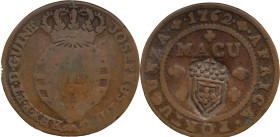 Angola
D. Maria II (1834-1854) - Crowned Shield Countermark 
Over 1/4 macuta of 1762 D. José I.
AG: 03.01 8,61g
Very Fine

Angola
D. Maria II (...