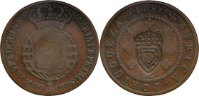 Angola
D. Maria II (1834-1854) - Crowned Shield Countermark 
Over 1/2 macuta of 1786 D. Maria I and D. Pedro III.
AG: 04.05 18,00g
Very Fine

An...