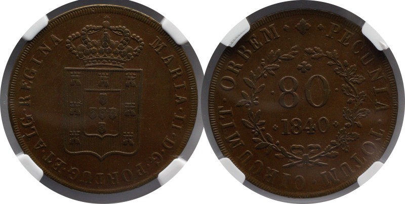 Certified Coins NGC
Moçambique 80 Réis 1840 D. Maria II
NGC AU 55 BN

Moedas...