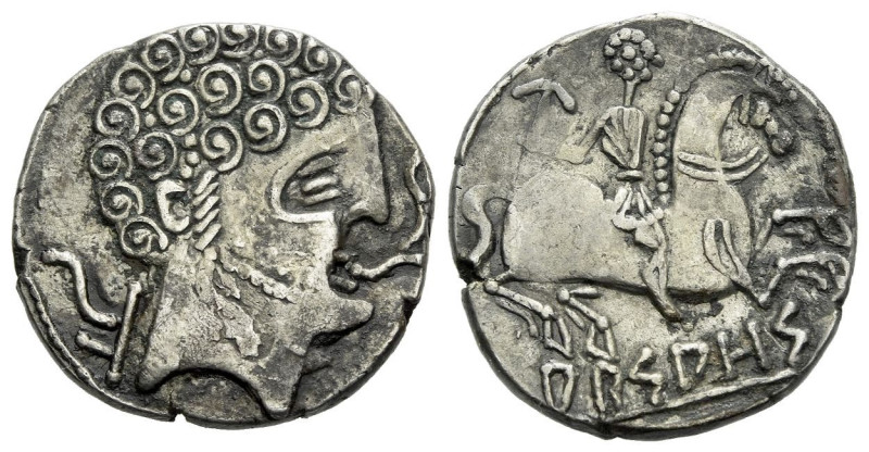 Hispania, Arsaos Denarius circa 150-100, AR 18.00 mm., 3.35 g.
Bearded male hea...