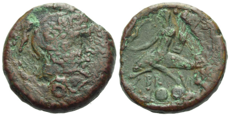 Apulia, Brundisium Sextans circa 215, Æ 26.00 mm., 16.36 g.
Laureate head of Ne...