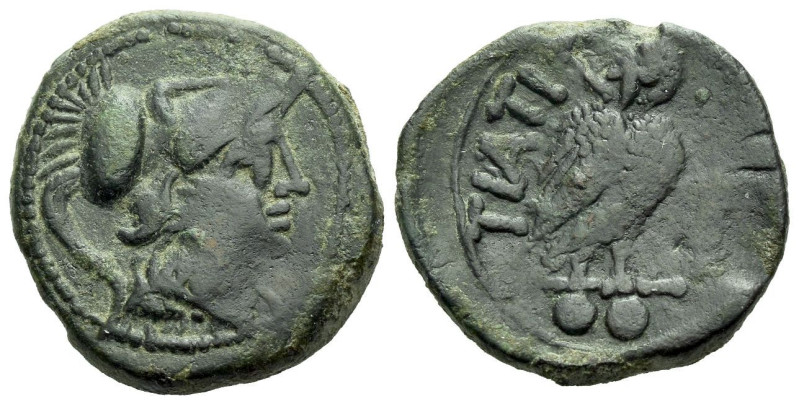Apulia, Teate Biunx circa 225-200, Æ 20.00 mm., 6.23 g.
Helmeted head of Athena...