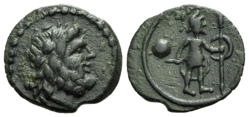 Apulia, Uncertain mint Uncia Half II century BC, Æ 14.00 mm., 1.51 g.
Laureate ...