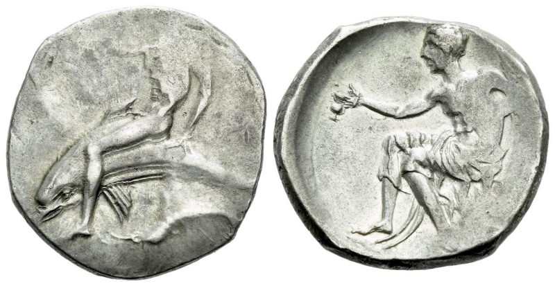 Calabria, Tarentum Nomos circa 450-440, AR 23.00 mm., 8.00 g.
Dolphin rider l.;...