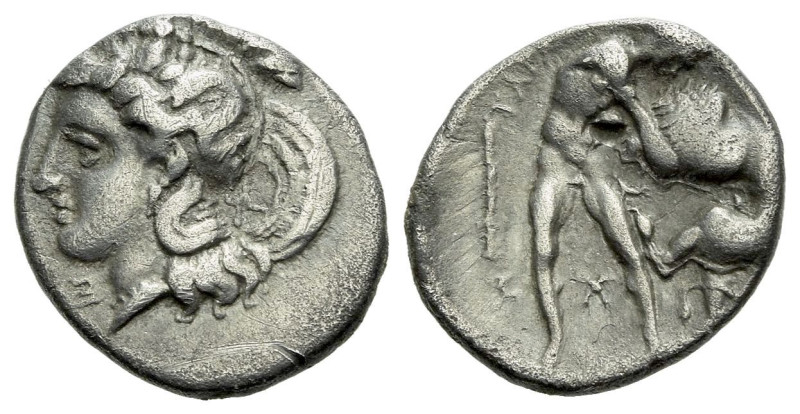 Calabria, Tarentum Diobol circa 380-325, AR 12.00 mm., 1.33 g.
Head of Athena l...