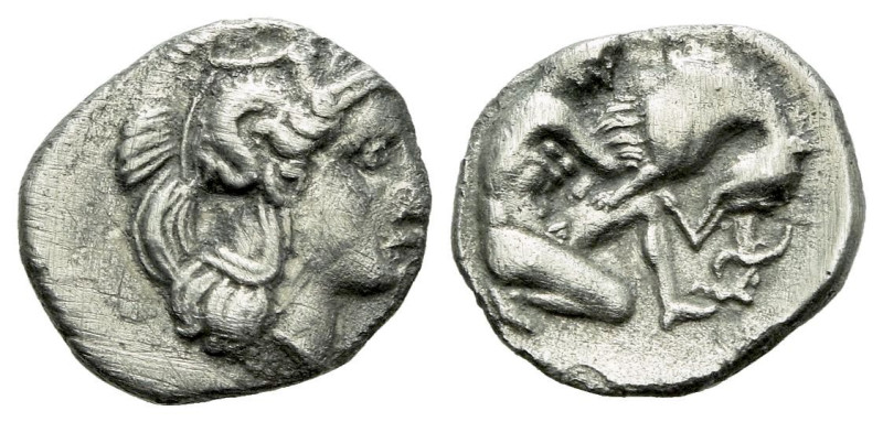 Calabria, Tarentum Diobol circa 325-280, AR 11.00 mm., 0.81 g.
Head of Athena r...