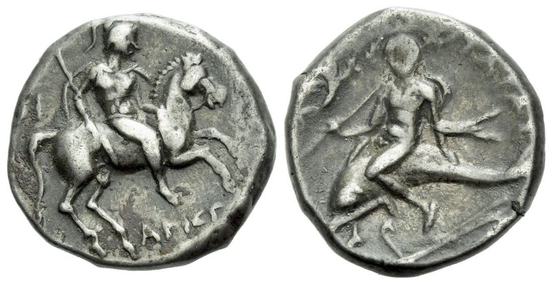 Calabria, Tarentum Nomos circa 272-235, AR 19.00 mm., 6.18 g.
Helmeted horseman...