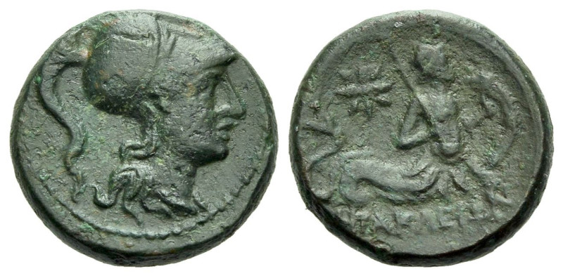 Lucania, Heraclea Bronze circa 276-250, Æ 14.00 mm., 2.51 g.
Helmeted head of A...