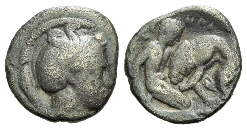 Lucania, Heraclea Diobol circa 432-420, AR 12.00 mm., 1.10 g.
Head of Athena r....
