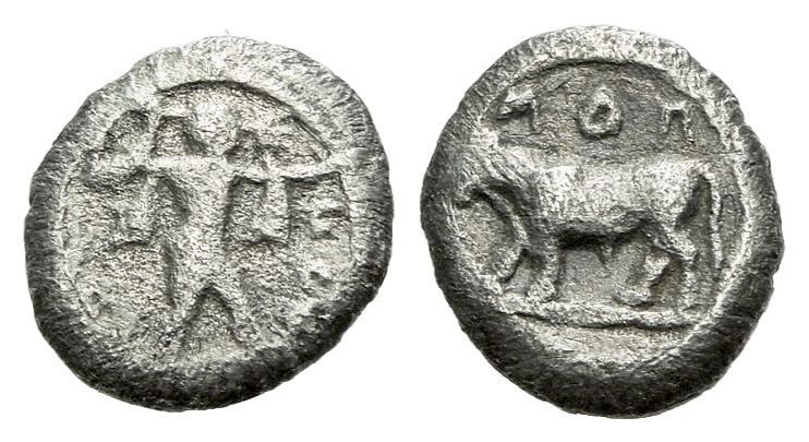 Lucania, Poseidonia Obol circa 445-420, AR 7.00 mm., 0.42 g.
Poseidon standing ...