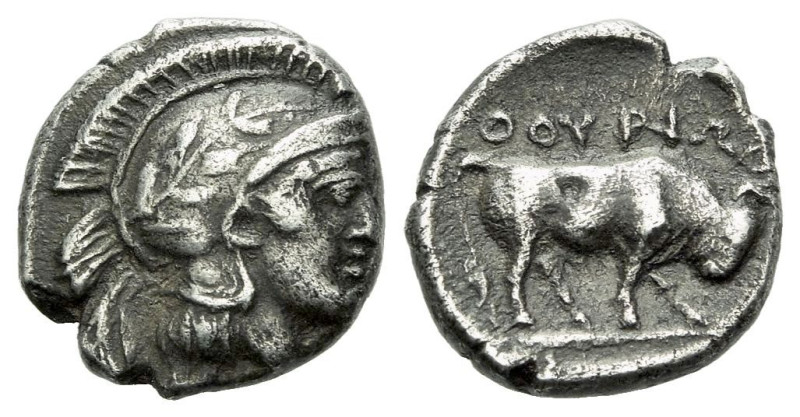 Lucania, Thurium Triobol circa 443-400, AR 11.00 mm., 1.25 g.
Helmeted head of ...