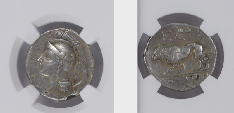 Lucania, Velia Plated didrachm circa 340-280, AR 21.00 mm., 6.64 g.
Head of Ath...