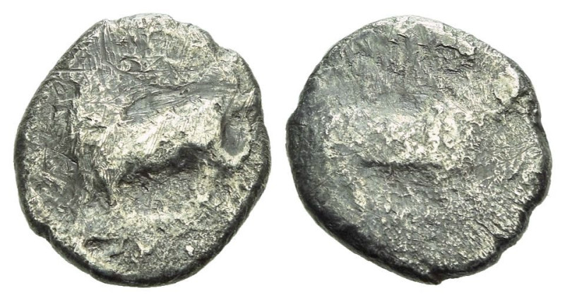 Bruttium, Laos Triobol After 453, AR 10.00 mm., 0.87 g.
Man-headed bull l. Rev....