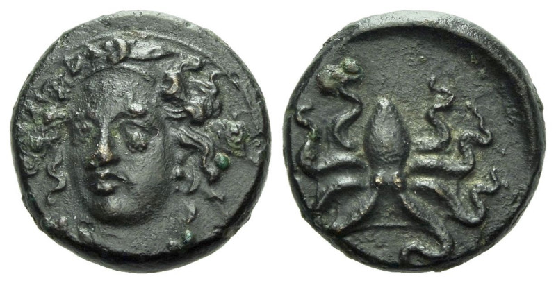 Sicily, Syracuse Tetras circa 390, Æ 12.00 mm., 1.97 g.
Female head, wearing am...