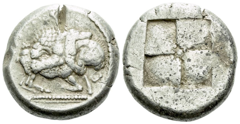 Macedonia, Acanthus Tetradrachm circa 525-500, AR 24.00 mm., 17.35 g.
Lion l., ...