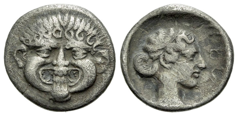 Macedonia, Neapolis Hemidrachm late IV century BC, AR 14.00 mm., 1.74 g.
Gorgon...