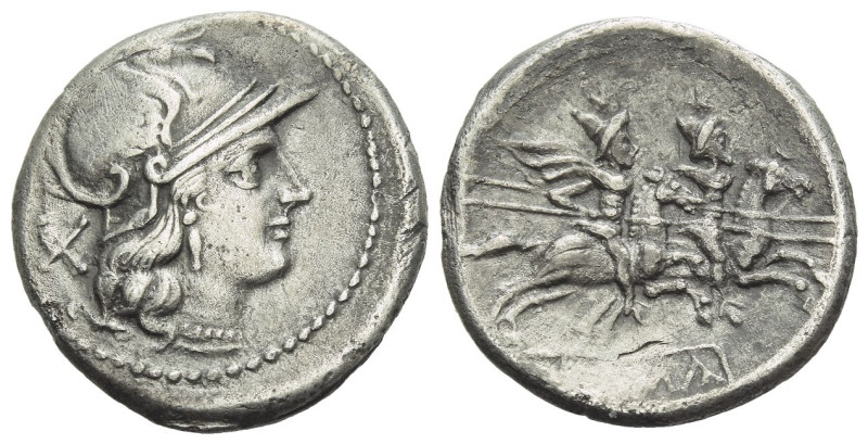 Denarius after 211, AR 19.10 mm., 3.74 g.
Helmeted head of Roma r.; behind, X. ...