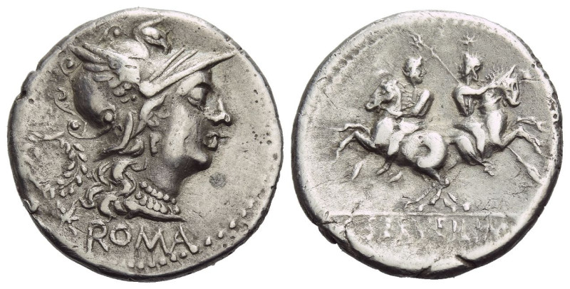 C. Serveilius M. f. Denarius circa 136, AR 20.50 mm., 3.73 g.
Helmeted head of ...