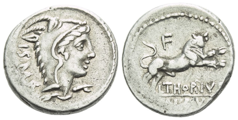 L. Thorius Balbus. Denarius circa 105, AR 18.90 mm., 4.00 g.
Head of Juno Sospi...