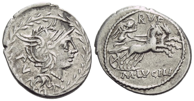 M. Lucilius Rufus. Denarius circa 101, AR 19.80 mm., 3.90 g.
Helmeted head of R...