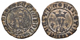 Fernando e Isabel (1474-1504). Blanca. Toledo. (Cal-674). Ae. 1,31 g. Doble T superada de cruz de puntos en anverso. MBC-. Est...12,00.