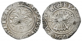 Fernando e Isabel (1474-1504). 1/2 real. Granada. (Cal-452). Ag. 1,62 g. Con G en anverso y R en reverso. Golpecito de punzón. Escasa. MBC-. Est...70,...