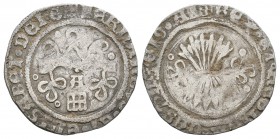 Fernando e Isabel (1474-1504). 1/2 real. Segovia. A. (Cal-457). Ag. 1,52 g. Con A gótica sobre acueducto de tres arcos de dos pisos. Rara. MBC-. Est.....
