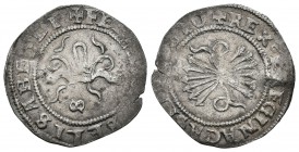 Fernando e Isabel (1474-1504). 1/2 real. Sevilla. (Cal-467 variante). Ag. 1,57 g. Con S tumbada. Raya en anverso. MBC. Est...60,00.