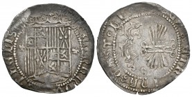 Fernando e Isabel (1474-1504). 1 real. Granada. (Cal-318). Ag. 3,34 g. Escudo entre montes flordelisados. MBC+. Est...60,00.
