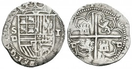 Felipe II (1556-1598). 1 real. Sevilla. (Cal-664). Ag. 3,30 g. Ensayador d cuadrada dos veces en reverso. MBC. Est...35,00.
