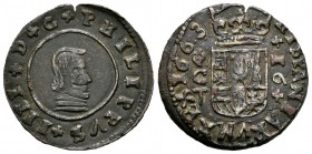 Felipe IV (1621-1665). 16 maravedís. 1663. Córdoba. T. (Jarabo-Sanahuja-página 384). Ae. 4,66 g. Falsa de época. Sin M bajo el castillo. MBC+. Est...3...