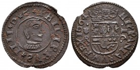 Felipe IV (1621-1665). 16 maravedís. 1664. Coruña. R. (Cal-1302). (Jarabo-Sanahuja-M133). Ae. 4,46 g. Con S invertida en anverso y reverso. MBC+. Est....