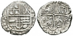 Felipe IV (1621-1665). 4 reales. Potosí. T. (Cal-tipo 149). Ag. 13,66 g. Valor en romano a la derecha del escudo. Fecha no visible. MBC. Est...80,00.