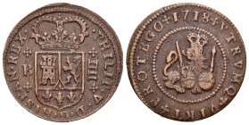 Felipe V (1700-1746). 4 maravedís. 1718. Barcelona. (Cal-1938). Ae. 8,78 g. MBC+. Est...40,00.