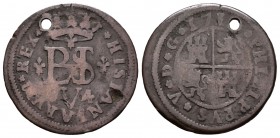 Felipe V (1700-1746). 4 maravedís. 1710. Madrid. (Cal-1961). (Jarabo-Sanahuja-O02). Ae. 3,88 g. Agujero. Muy escasa. BC+. Est...150,00.