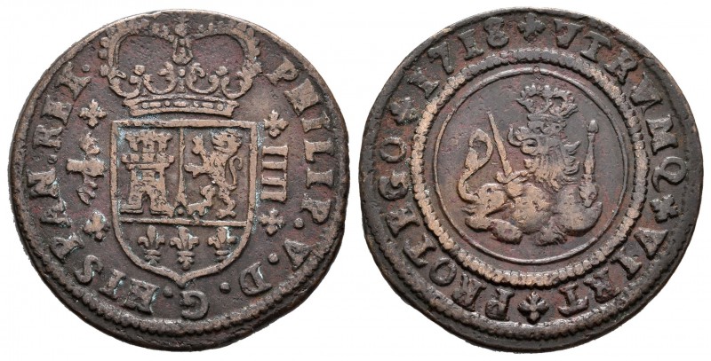 Felipe V (1700-1746). 4 maravedís. 1718. Valencia. (Cal-2016). Ae. 8,50 g. Escas...