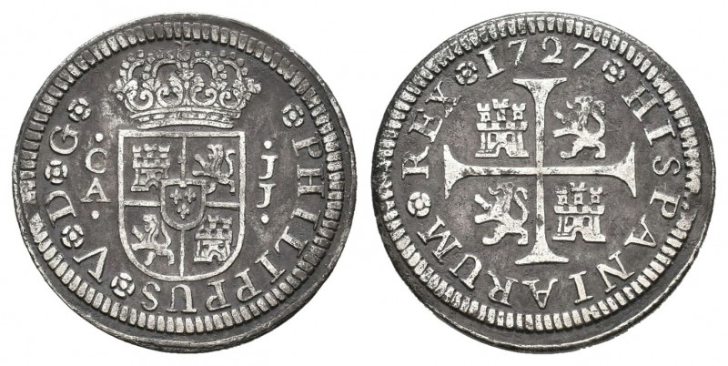 Felipe V (1700-1746). 1/2 real. 1727. Cuenca. JJ. (Cal-1735). Ag. 1,27 g. PHILIP...
