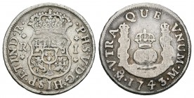 Felipe V (1700-1746). 1 real. 1743. México. (Cal-1605). Ag. 3,16 g. BC+/BC. Est...20,00.