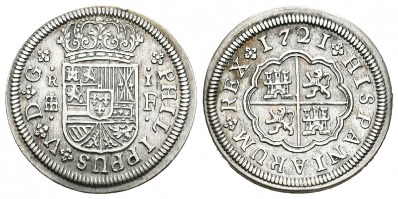 Felipe V (1700-1746). 1 real. 1721. Segovia. F. (Cal-1690). Ag. 2,52 g. EBC-. Es...
