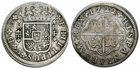 Felipe V (1700-1746). 2 reales. 1722. Segovia. F. (Cal-1402). Ag. 5,22 g. Ensayador F tamaño mediano. MBC-/BC+. Est...20,00.