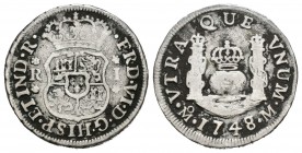 Fernando VI (1746-1759). 1 real. 1748/7. México. M. (Cal-573 variante). Ag. 3,05 g. Limpiada. MBC-. Est...20,00.