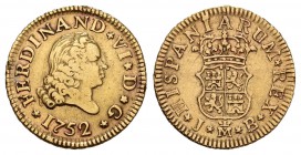 Fernando VI (1746-1759). 1/2 escudo. 1752. Madrid. JB. (Cal-249). Au. 1,75 g. Marcas de engarce en el canto. MBC. Est...110,00.