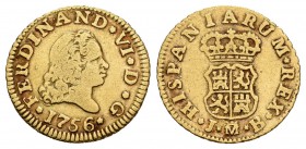 Fernando VI (1746-1759). 1/2 escudo. 1756. Madrid. JB. (Cal-253). Au. 1,74 g. BC+. Est...90,00.