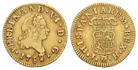 Fernando VI (1746-1759). 1/2 escudo. 1758. Madrid. JB. (Cal-256). Au. 1,75 g. Exceso de metal en fecha. MBC-. Est...110,00.