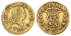 Fernando VI (1746-1759). 1/2 escudo. 1759. Madrid. J. (Cal-257). Au. 1,78 g. Golpecito en el canto. MBC. Est...110,00.